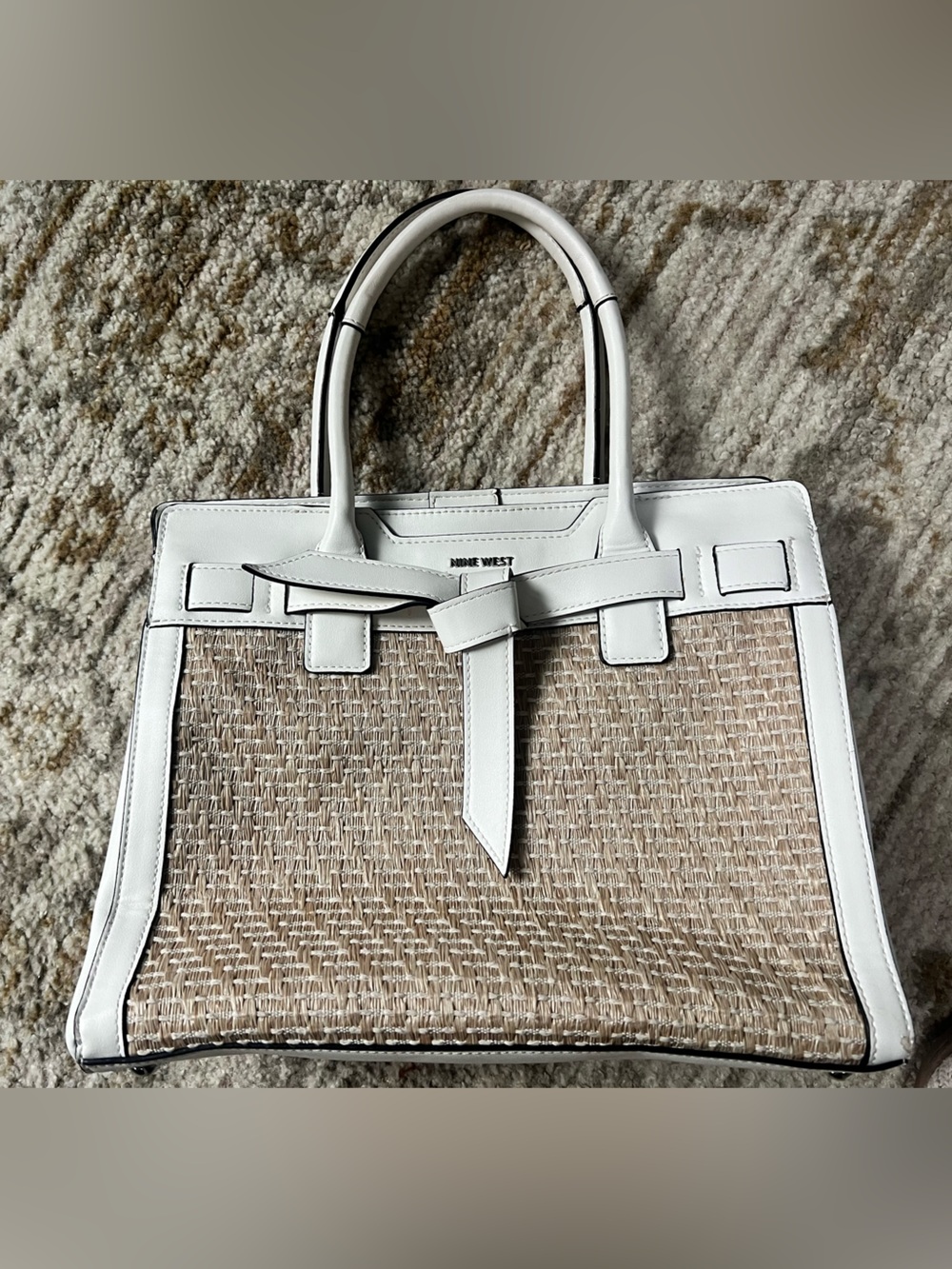 Nine West White & Raffia Structured Satchel Tote Bag